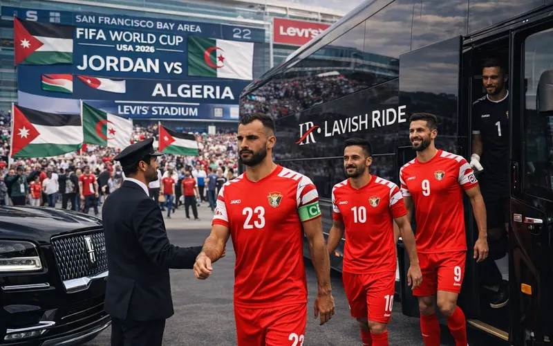 Jordan national football team arriving at FIFA World Cup 2026 match vs Algeria, stepping off a Lavish Ride luxury team bus outside the stadium, with Jordanian flags featuring the seven-pointed star and fans welcoming the players.